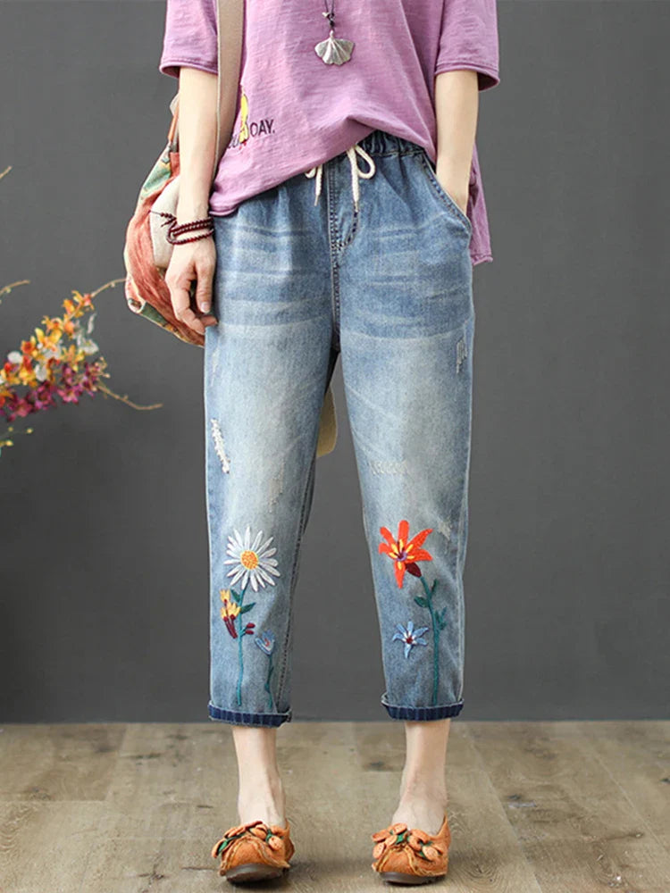 Elastic Elegant Jeans Womens Casual Floral Embroidery Denim Trousers