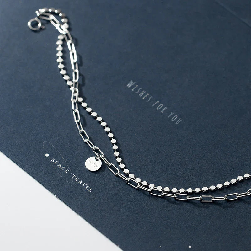 Fashion 925 Sterling Silver Geometry Bracelet Double Layer Chain Link for Women Girl Original Bracelets Luxury Jewelry