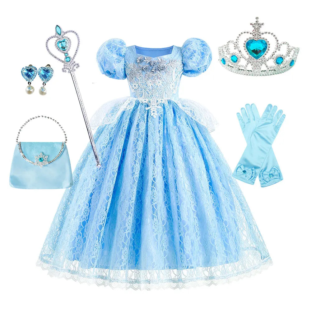 Kid Chic Cinderella Lace Ball Gown Princess Cosplay Floral Party Dress Fairy Punmkin Car Girls Story Role Play Carnival Costume