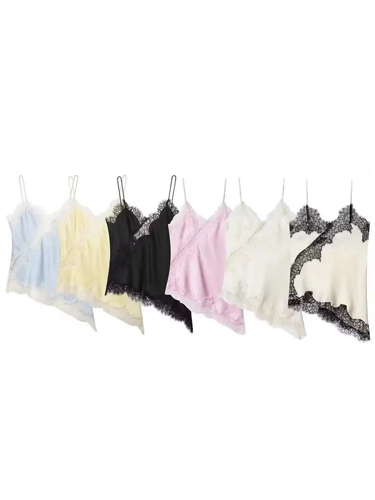 Women 2026 Trend Polka Dot Sling Tops Asymmetric Sleeveless V-Neck Lace Decorative Tops Elegant Fashion Holiday Outfits Camis