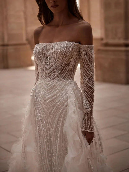Luxury Pearls Wedding Dress Off Shoulder Bridal Gown Detachable Train Sequins Bride Dresses Backless Customized Vestido de novia
