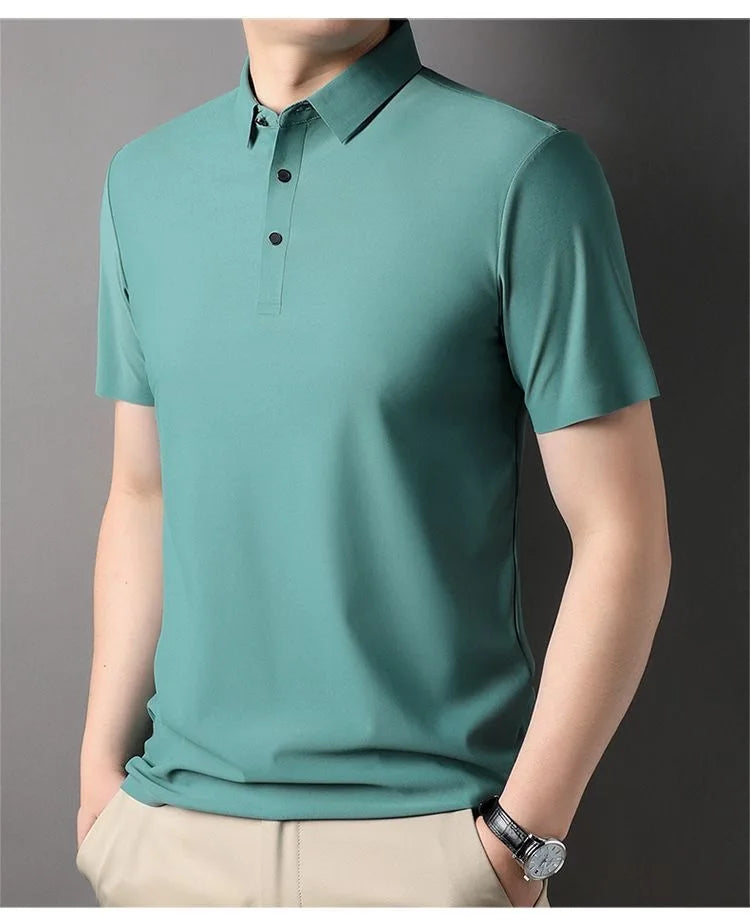 High quality wrinkle resistant ice silk short sleeve t-shirt men's summer Lapel loose casual solid color top high-end polo men