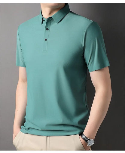 High quality wrinkle resistant ice silk short sleeve t-shirt men's summer Lapel loose casual solid color top high-end polo men