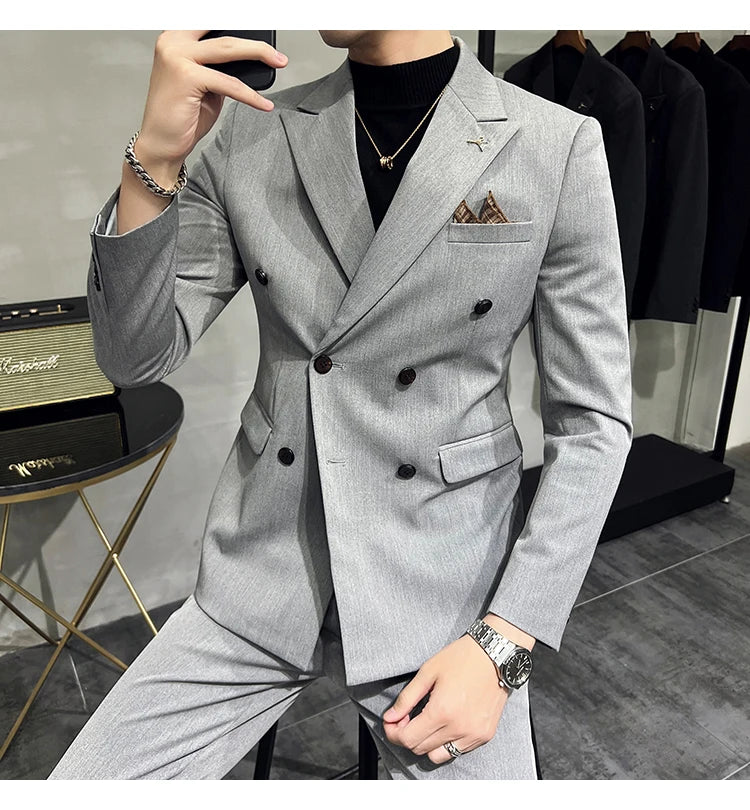 ( Blazers + Pants ) Boutique Fashion Solid Color Double-breasted Men's Casual Business Slim Suit 2-piece Set Groom Wedding Dress