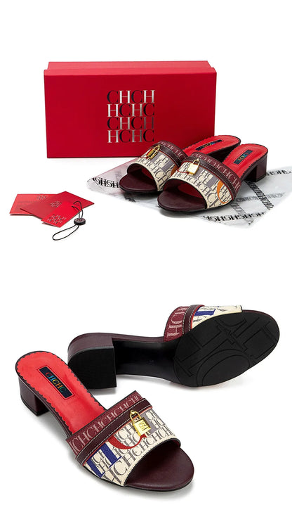 Fashionable High Quality Metal Lock Monogram Print Women's Low Heeled Slippers Temperament Versatile Women's Slippers