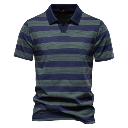 2025 New Summer Striped V Neck Cotton Polo Shirts for Men Breathable Short Sleeve Casual Knit Shirts Comfort Fit