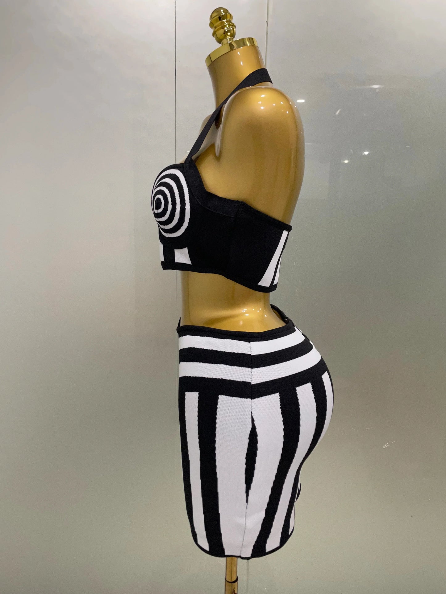 Women Celebrity Sexy Jacquard Black White Two Piece Bodycon Striped Bandage Skirt Set Designer Evening Party Dress
