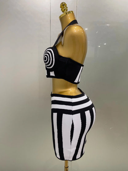 Women Celebrity Sexy Jacquard Black White Two Piece Bodycon Striped Bandage Skirt Set Designer Evening Party Dress