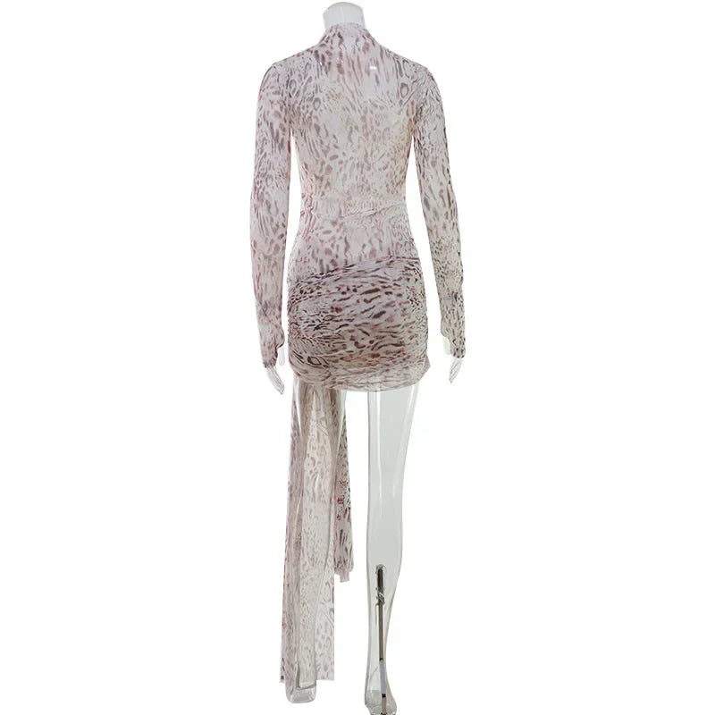 Sexy Sheer Women'Mini Dresses Turtleneck Print Regular Long Sleeves Ribbon Sheath Bodycon Casual Streetwear Female Robe