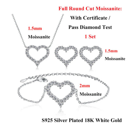 Heart Shape Full D Color Moissanite Link Bracelet Pendant for Women Girls S925 Silver Lab Diamond Chain Bracelets Earrings