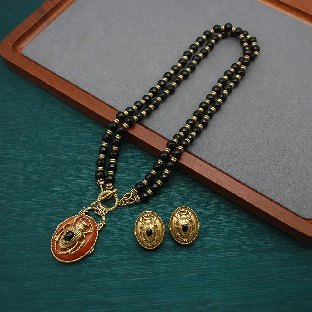 European and American Fashion Trend Retro Art Niche Cute Animal Relief Handmade Beaded Necklace Earring Jewelry Set