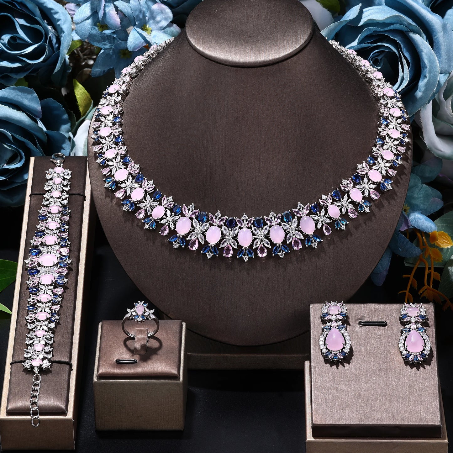 New Luxury Green Blue CZ Crystal Turquoise Earrings Necklace 4PCS Wedding Bridal Jewelry Set for Party