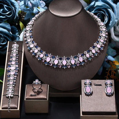 New Luxury Green Blue CZ Crystal Turquoise Earrings Necklace 4PCS Wedding Bridal Jewelry Set for Party
