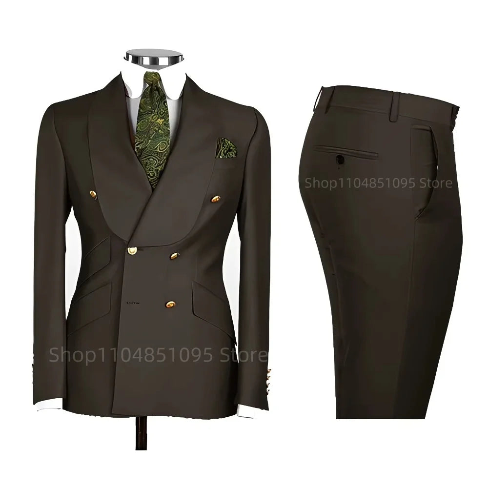 2 PCS Men's Smart Casual Solid Formal Tuxedo Suits with Shawl Lapel Double Breasted Jacket And Pants for Business And Wedding