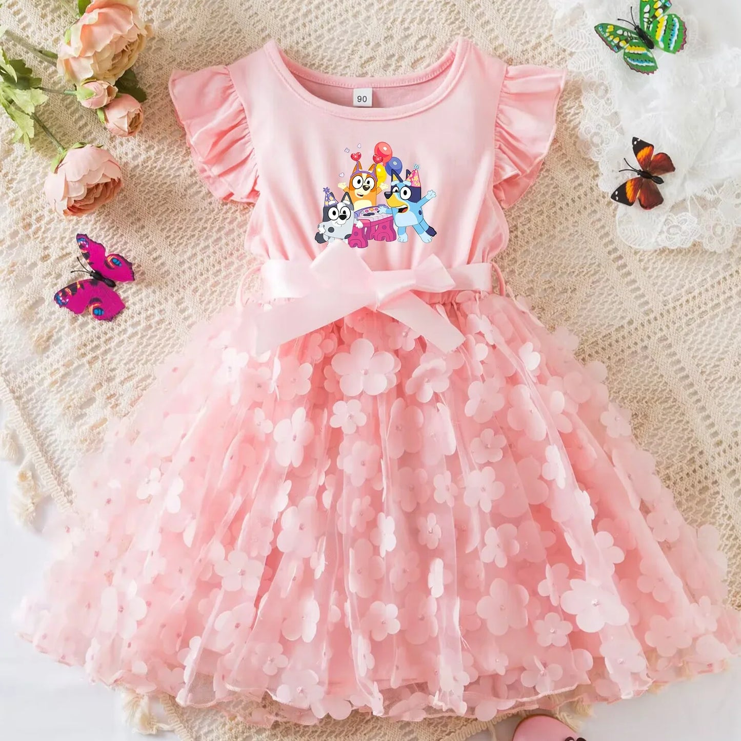 Vestido de Bebê Menina Bluey de Tule com Flores Vestido de Princesa para Casamento Tutu Sem Mangas Roupa de Festa para Fotos Presente de Aniversário