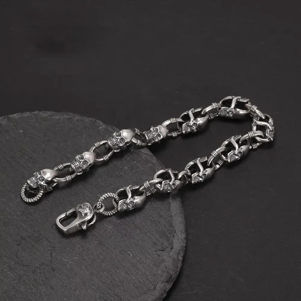 Real 925 Sterling Silver Skull Chain Bracelet for Men and Women Gothic Domineering Street Rock Jewelry Gift