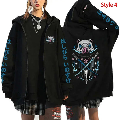 Hot Anime Hashibira Inosuke Printing Zipper Hoodies Women Men Fashion Y2k Personality Zipper Long Sleeve Hooded Sweatshirt Tops