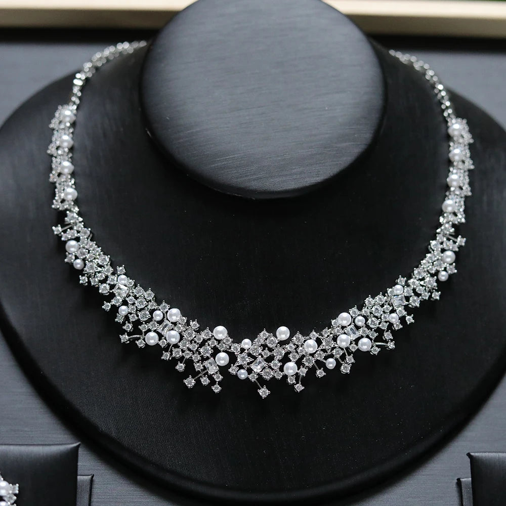Fashion Pearl Necklace Sets High Quality 3A Cubic Zirconia Jewelry Set Dubai Dinner Party Accessories Engagement Gift