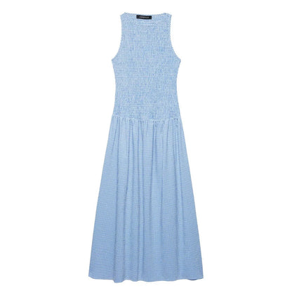 Dress for Women Fashion Summer New Plaid Fold Sleeveless O-neck Midi Vest Dresses French Chic Female Evening Clothing