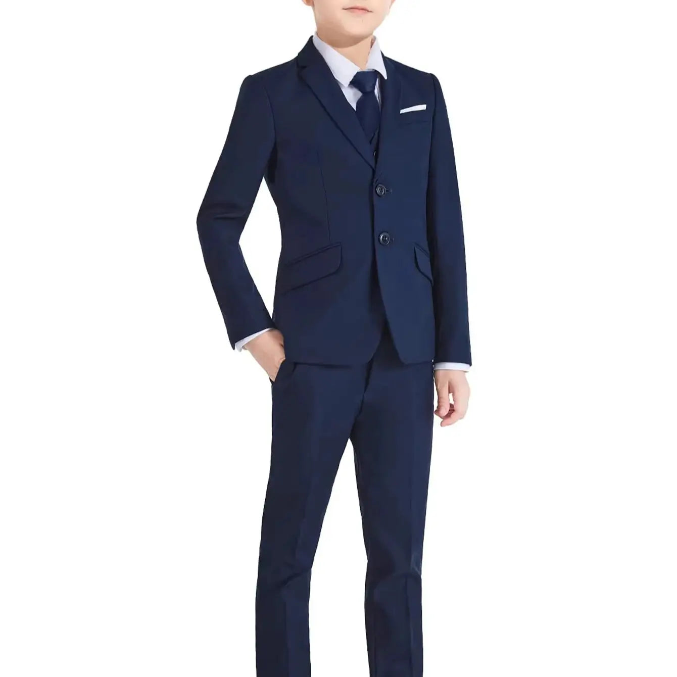 Notched Boy's Suit Set for Kids 3-14 Yrs, One Button Black Suit Jacket Vest Pants and T Shirt, Communion Tuxedo 4-Piece Suits