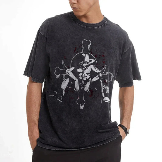 Anime Retro Washed Printed T-shirt for Men and Women 2025 Popular Summer Street Casual Short-sleeved Crew Neck Top