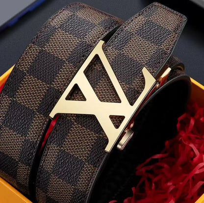Men's Genuine Leather Belt Business Casual Automatic Buckle Checker Pattern Cowhide Trousers Belt