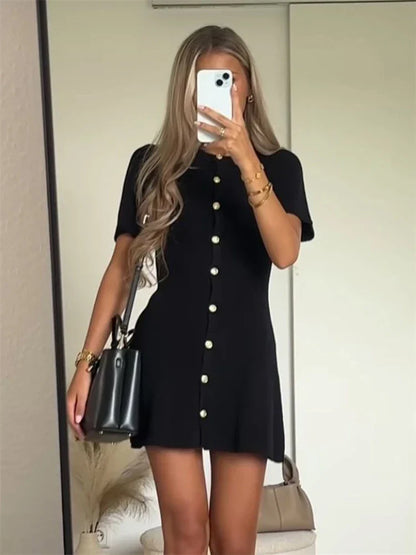 Elegant Knit Mini Dress Women Street Slim High Waist Short Sleeve Rib Sweater Dresses Vacation Bodycon Knitwear Dress