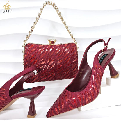 Fashion Shoes Matching Bag Set Royal Blue Color Decorated with Crystal Ladies Wedding Party Women High Heel