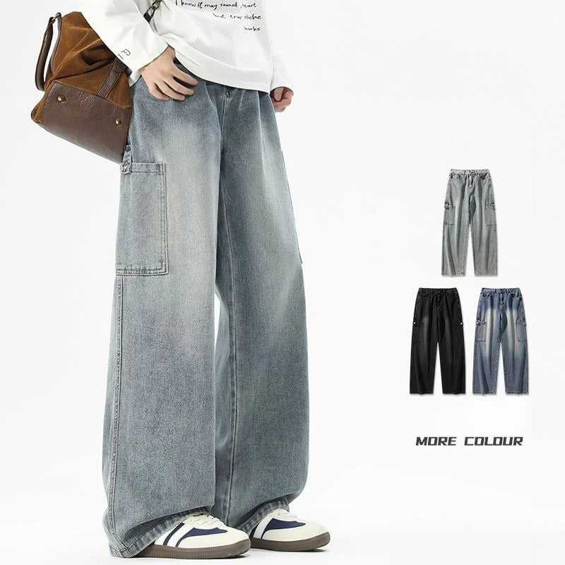 Cargo Jeans Men's Autumn New Vintage Fashion Straight Denim Trousers Casual Wide Personalized Male Clothing Pants Men Denim