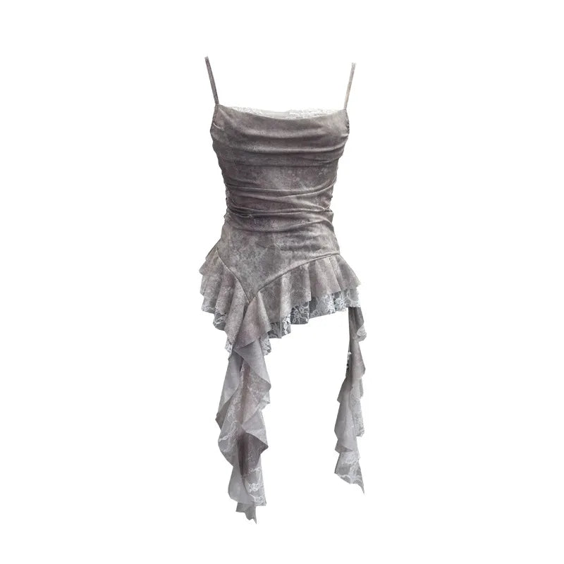Summer Y2K Camisole for Women Casual Spaghetti Straps Double Layers Lace Stretch Mesh Patchwork Asymmetrical Slim Tops