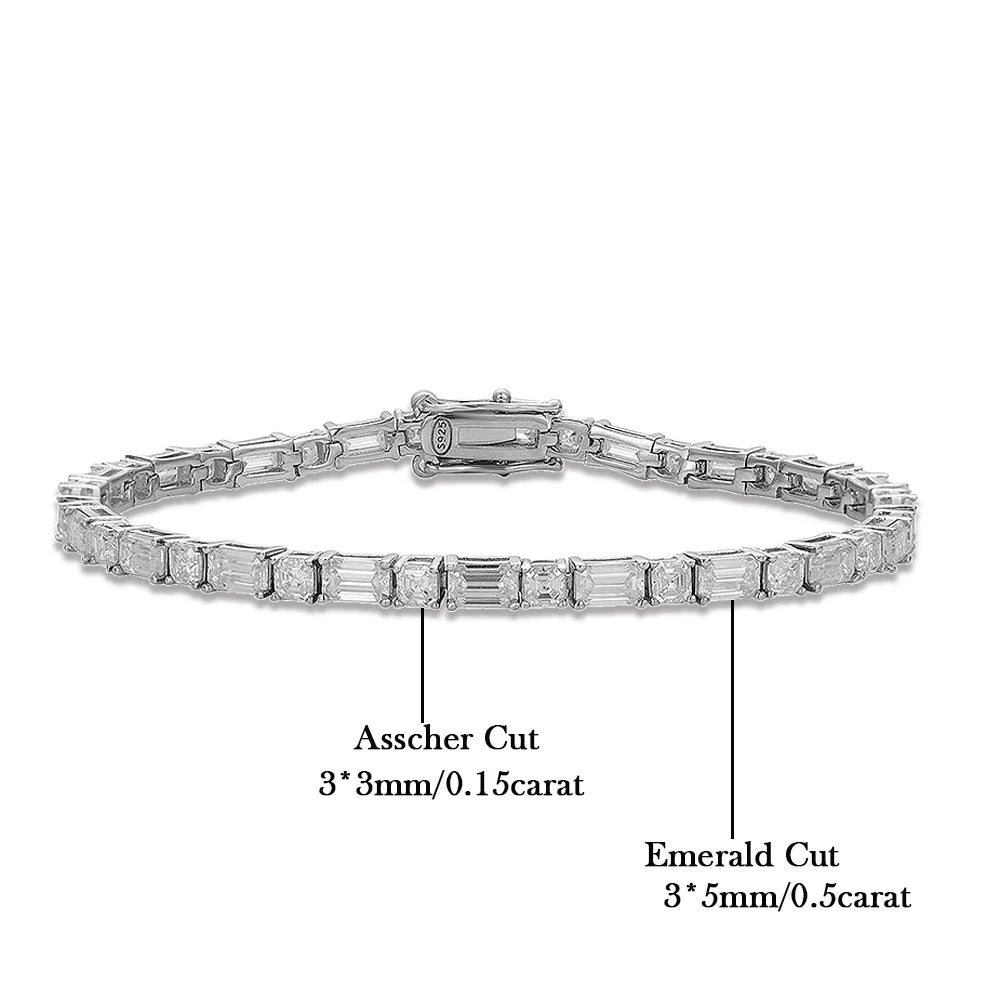 Asscher/Emerald Cut All Moissanite Diamond Tennis Bracelets for Women Men S925 Silver Plated 18k Gold Squre/RectangleWrist Chain