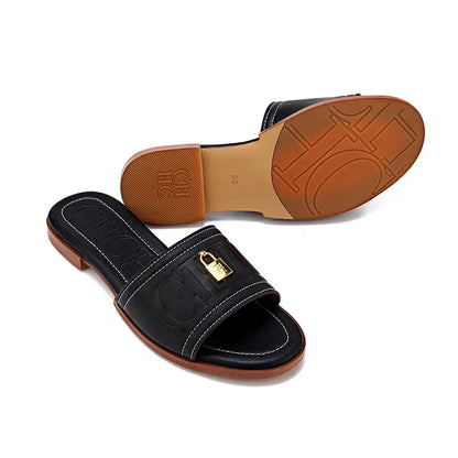 Fashion Monogram Print Elegant Design Women's Low Heeled Slippers Solid Color High Quality Metal Lock Simple Single Shoes