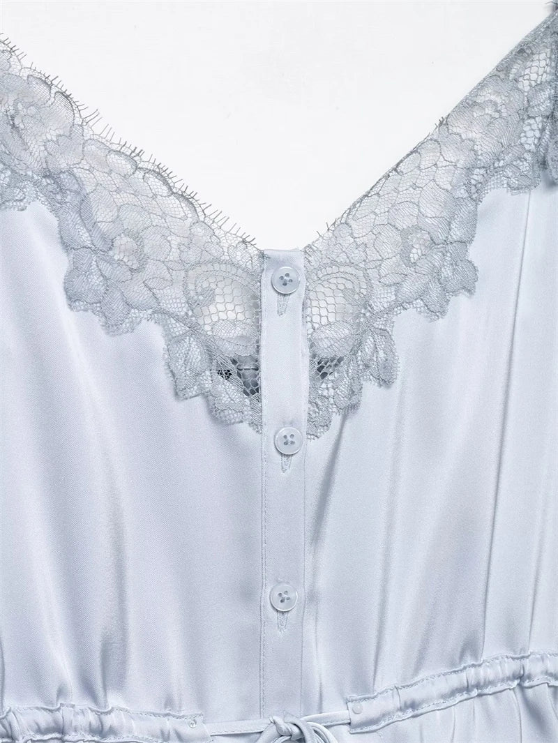 Women's Top 2026 New Spring Summer Lace Decoration Satin Textured Top for Women Chic Personality Female Spaghetti Strap Top