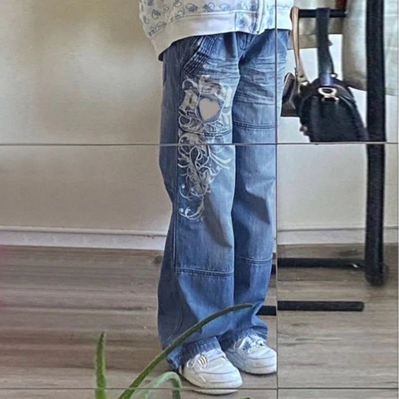 Women's Harajuku Print Jeans Floral Print Vintage Aesthetic Baggy Straight Pants
