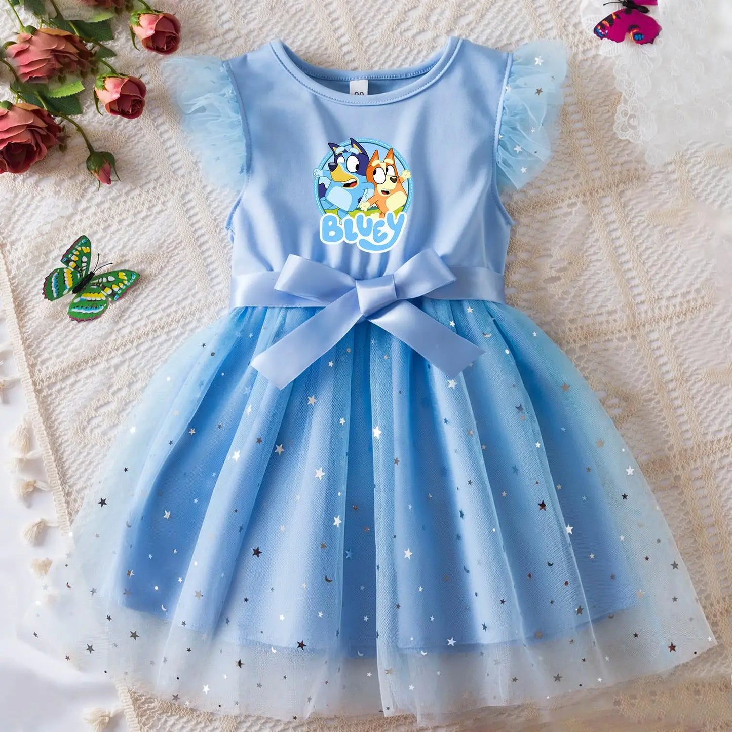 Girls Sequin Tutu Dress with Bow Flutter Sleeves Summer Princess Party Outfit for Toddler Kids 2-6 Years