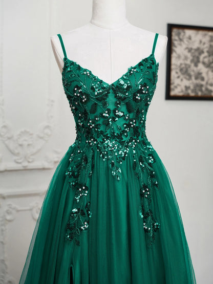 Sling Evening Dresses Prom Dress V-Neck A-Line Train High Split Gowns Sexy Spaghetti Straps Illusion Sequins Appliques