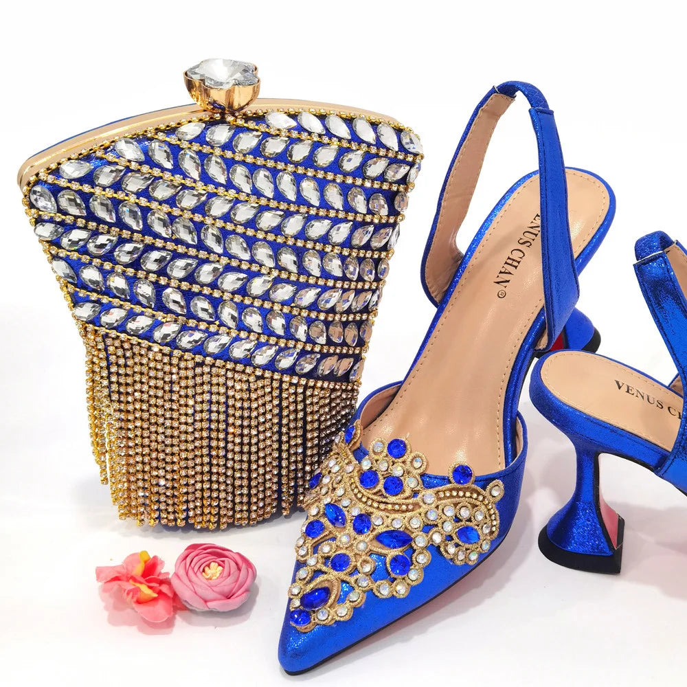 Gold New Shoes For Women Designer Pointed-Toe Luxury Wedding Peach Color Hollowed Out Design Bag and Shoes Matching Set