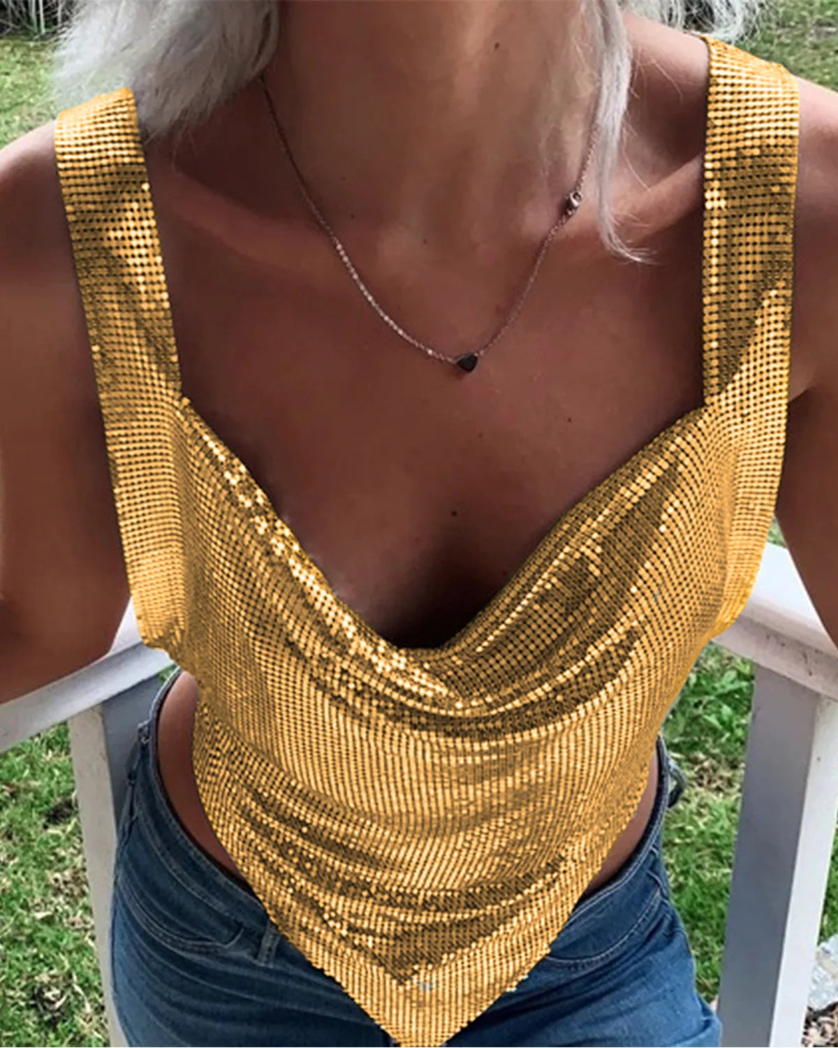 Shiny Metal Sequin Party Tank Top For Women Sexy Deep V Neck Backless Off The Shoulder Camisole Rave Nightclub Crop Top 2024 New
