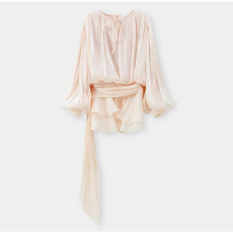 Stunning Shiny Ruffles Lace Up Mini Dress Women's Chic Loose Hollow Out A-line Pleated Vestidos Lady Summer Party Gowns 2025 New