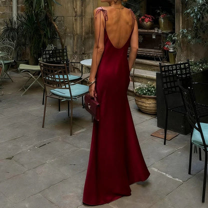 Original Women's Satin Champagne Dress Sleeveless Sexy Backless Evening Dresses Guest Elegant Bridesmaid Long Evening Gown