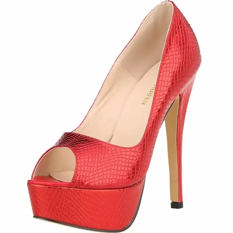 Women Sandals Sexy Pumps Patent Leather Platform Crocodile Pattern 14cm High Heels Peep Toe Stilettos Party Dress Wedding Shoes