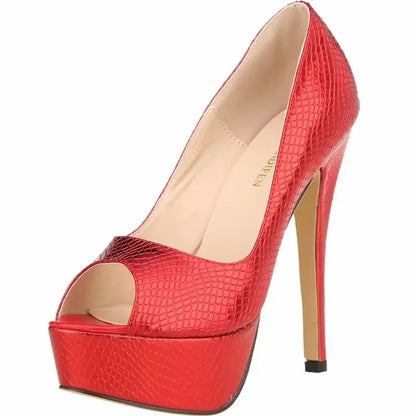 Women Sandals Sexy Pumps Patent Leather Platform Crocodile Pattern 14cm High Heels Peep Toe Stilettos Party Dress Wedding Shoes