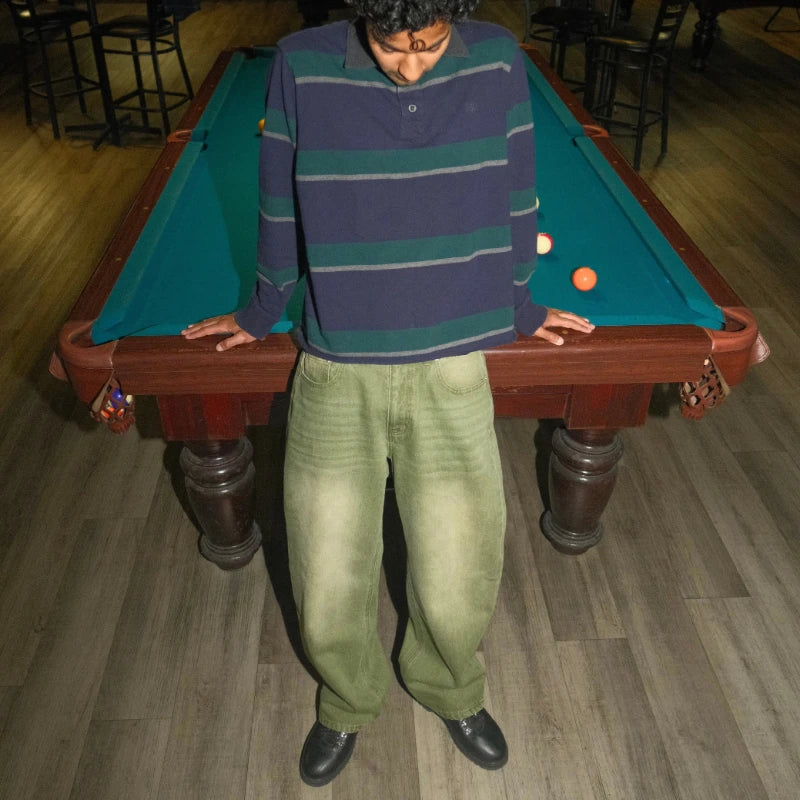 Calça Jeans Retrô Y2K Matcha Lavada Borda de Bilhar Calça Jeans Bordada Moda de Londres Estilo de Nova York Streetwear Unissex Jeans Folgado
