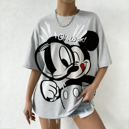 Summer Mickey Mouse Oh Look Printed Women Tshirt Cartoon Graphic Tee Oversized Vintage Streetwear Fashion Y2k Tops