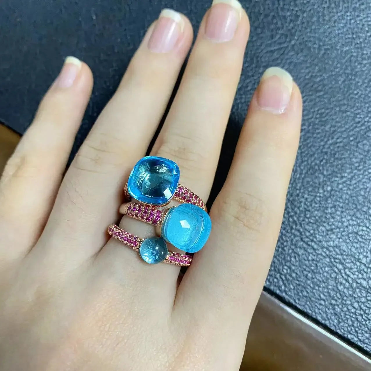 Conjunto de 3 anéis empilháveis ​​Nudo para mulheres, conjunto com cores mistas, cristais tipo bala incrustados, zircônia, ametista, topázio azul, joia redonda, presente