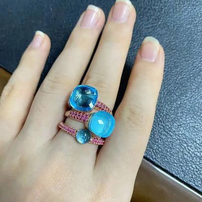 Conjunto de 3 anéis empilháveis ​​Nudo para mulheres, conjunto com cores mistas, cristais tipo bala incrustados, zircônia, ametista, topázio azul, joia redonda, presente