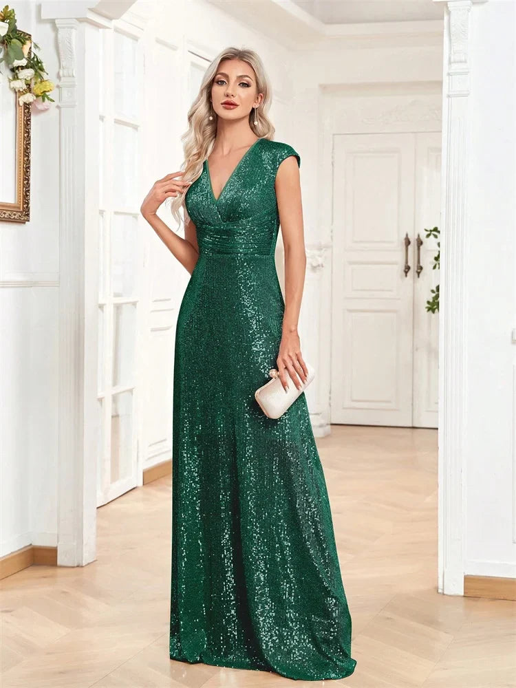 Vestido de Noite Sereia Feminino Elegante Decote V Longo Formal Azul para Formatura Festa com Lantejoulas Sem Mangas Vestidos