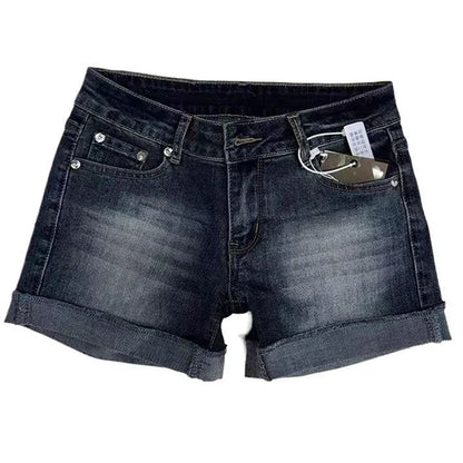Retro Roll Up Hem Deep Blue Denim Shorts Women Summer Sexy Low Rise Hip Covering Hot Pants American Distressed Washed Jean Short