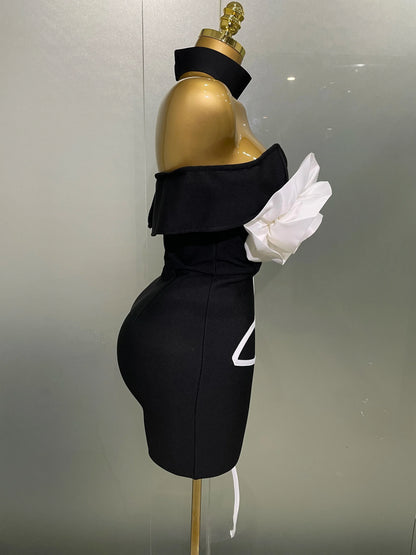 Women 2025 New Sexy Off Shoulder White Flower Black Mini Bodycon Bandage Dress Luxury Celebrity Evening Club Elegant Party Gowns