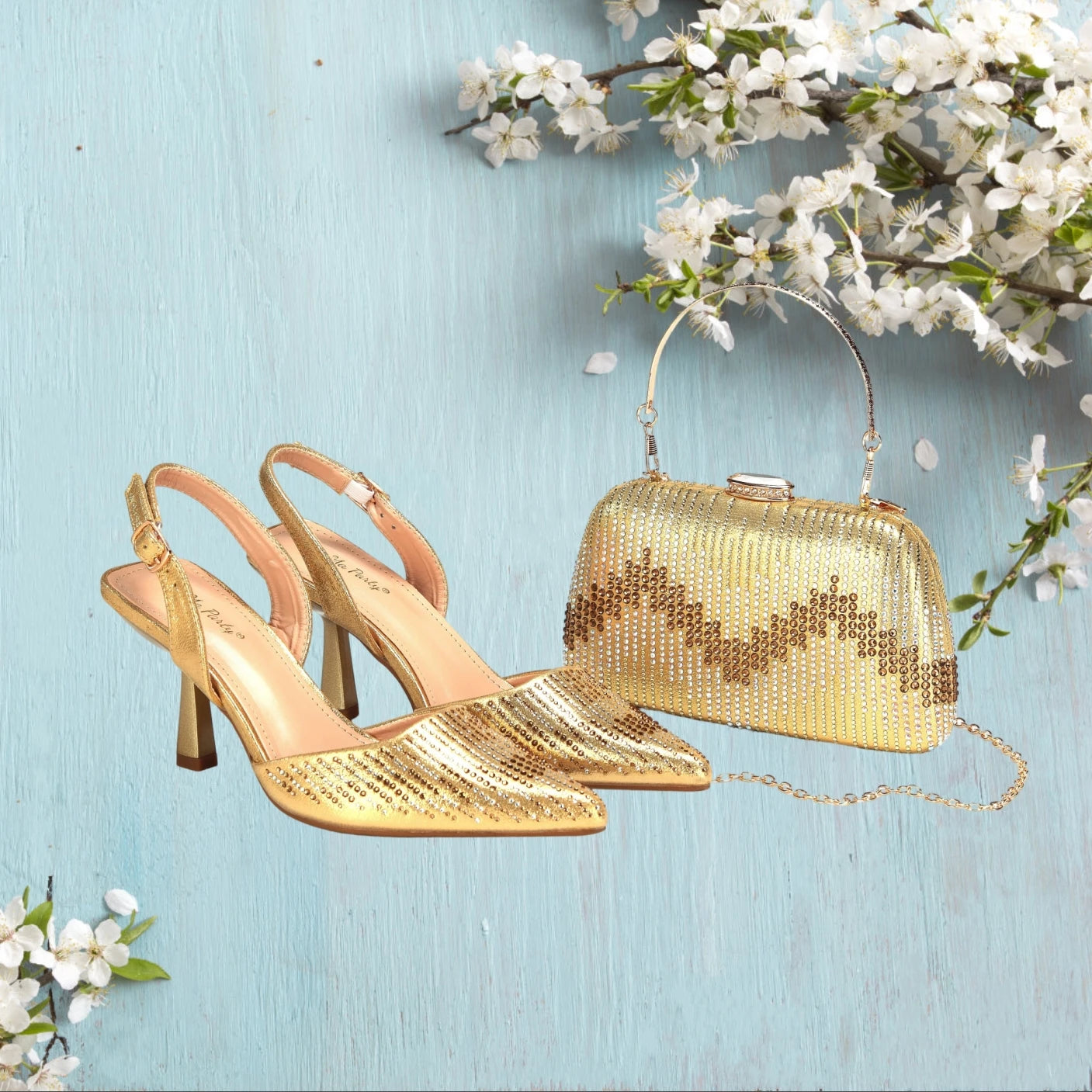 Orange Color Pointed Toe Crystal Design Thin Heel Ladies Shoes Matching Bag Set For Nigerian Women Party
